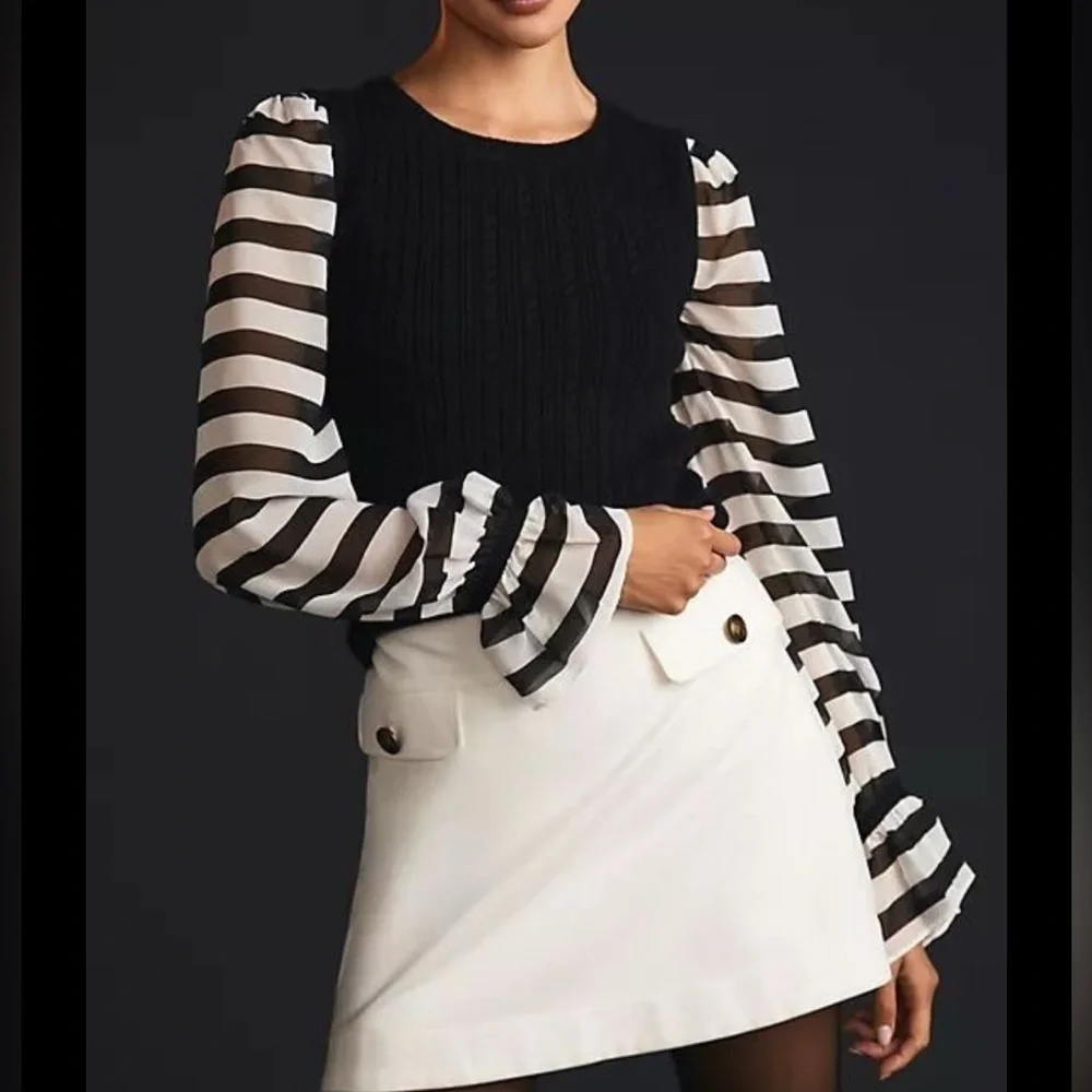 Maeve by Anthropologie Black and White Striped Sleeve sweater Top XSP - Picture 1 of 10